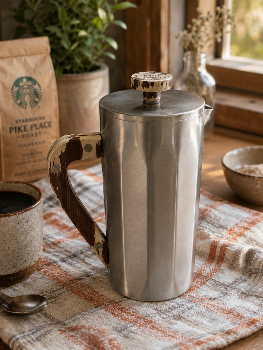 Starbucks Stainless Steel French Press with Wooden Handle 2013 Retro 1 Liter